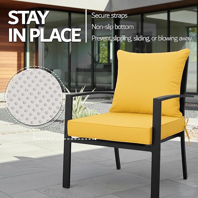24x24 Inch Outdoor Chair Cushions Set of 2, Patio Furniture Cushions - Removable Cover, Water-Repellent, Fade-Resistant, Non-Slip Bottom & Straps, Replacement for Deep Seat Sofa & Couch - Yellow
