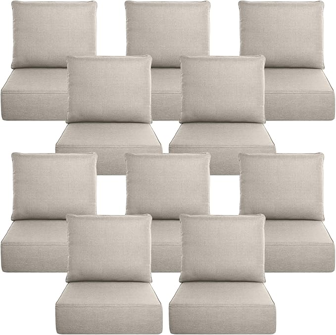 Belord Luxury 6" Thick Outdoor Cushion 10 Set - 24 x24 Inch 28D Sponge Filling Fade-Resistant Chair Cushion, Spill Proof Removable Patio Furniture Replacement Cushion for Sofa Bench Swing - Beige