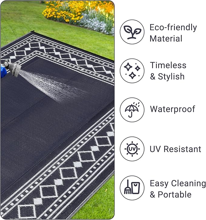 Large Outdoor Rug,9x12 Waterproof Modern Bordered Plastic Straw Carpet,Lightweight Outdoor Carpet,Easy Cleaning Folding Uv Resistant Picnic Camping Mat,Black and Blue/White