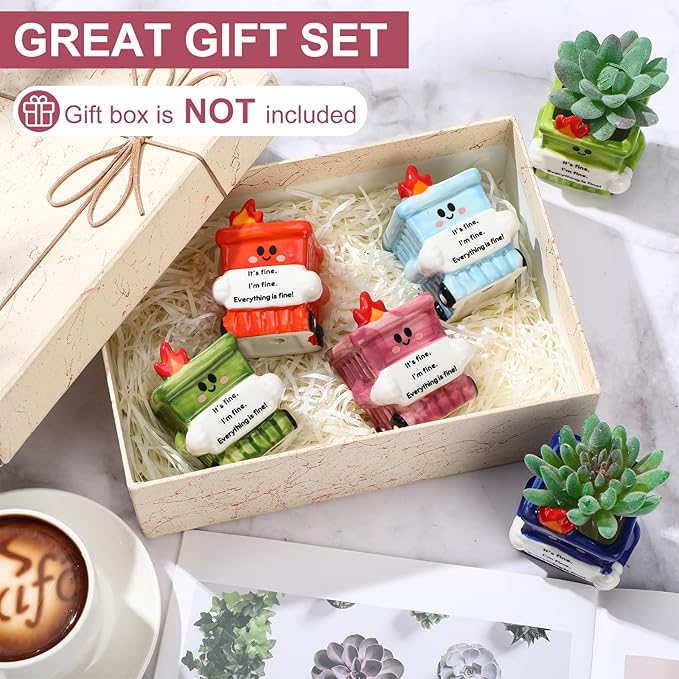 6 Pack 2.5 Inch Dumpster Fire Ceramic Succulent Planter Pots with Drainage Hole, Mini Cute Flower Pots Container for Home Office Garden Decoration Emotional Support Buddies Christmas Housewarming Gift