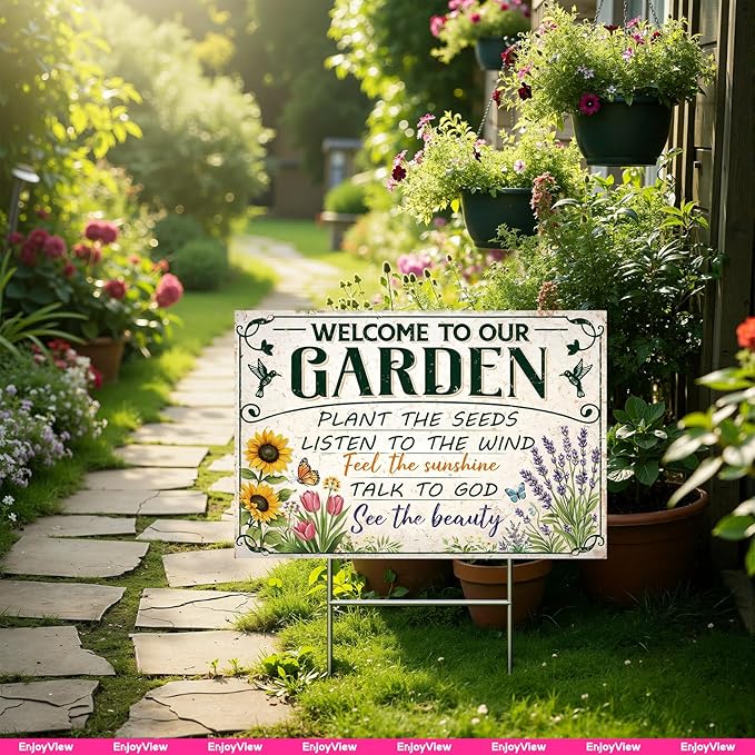 Funny Garden Sign with H Stake 18"x12" Big Vintage Sign for Outside Greenhouse Corrugated Plastic Yard Decor Gardening Gifts for Women " WELCOME TO OUR GARDEN"
