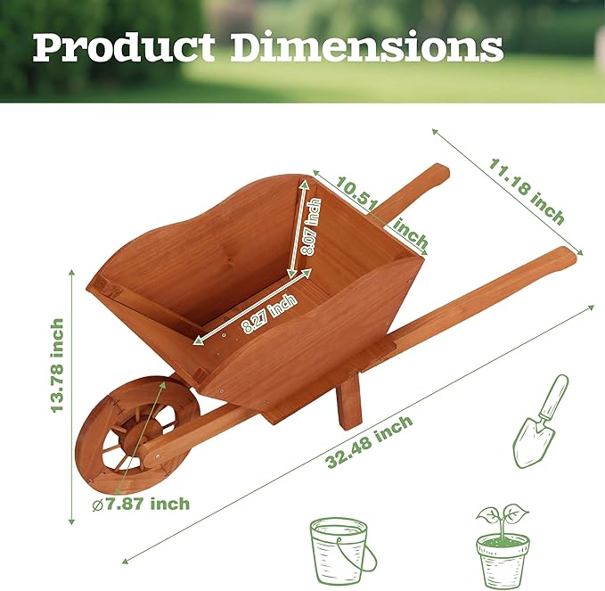 Beipoo Decorative Wooden Wagon Planter Box, Wood Wheelbarrow Planter with Handles, Drainage Hole, Wagon Garden Planter, Flower Cart for Indoor Outdoor Decor