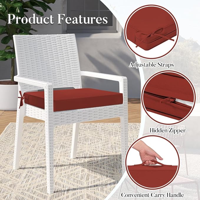 Basic Beyond Outdoor Chair Cushions for Patio Furniture, Waterproof Outdoor Seat Cushions Set of 4 19 x 19, Patio Chair Cushions Set of 4 with Ties and Handle, Brick Red