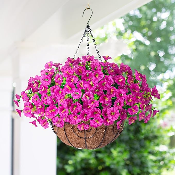 Artificial Faux Hanging Flowers Plants Basket for Outdoors Spring Decoration, UV Resistant Fake Silk Morning Glory in Planter Look Real for Outside Porch Patio Balcony Yard Garden Outdoor Decor