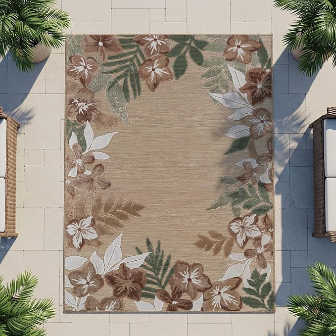 Outdoor Rug 9x12 Washable Area Rugs Indoor Outdoor Carpets Beige Border Floral Non Shedding Waterproof Easy Clean Patio Deck Porch Living Room Bedroom Garden RV (9 X 12 Beige)