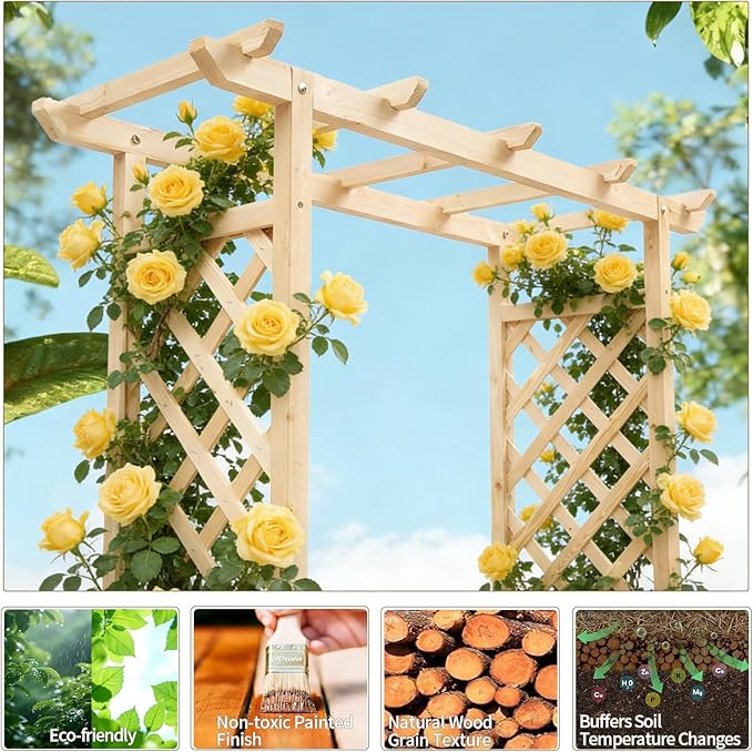 Outvita Raised Garden Bed with Trellis, Wood Planter Box with Hanging Roof, Side Trellis and Drainage Holes, Above Ground Elevated Garden Bed for Outdoor Climbing Plants Vegetables (Natural Wood)