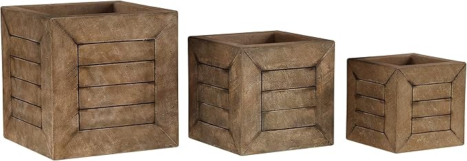 Pure Garden Plant Pots - Wood-Look Planter Set of 3-15.7”, 12.7” and 10” Square Large Outdoor Planters - Rustic Flower Pots Outdoor (Brown)