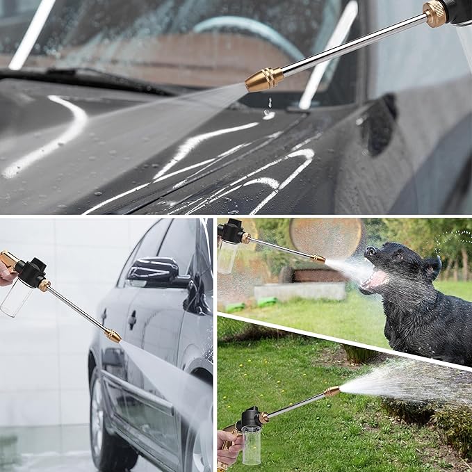 High Pressure Garden Hose Nozzle Sprayer with 3.5oz Plastic Soap Dispenser Bottle, Heavy Duty Car Wash Foam Gun, Adjustable Nozzle for Gardening, Solar Panel Cleaning, Pet Showering (Brass)