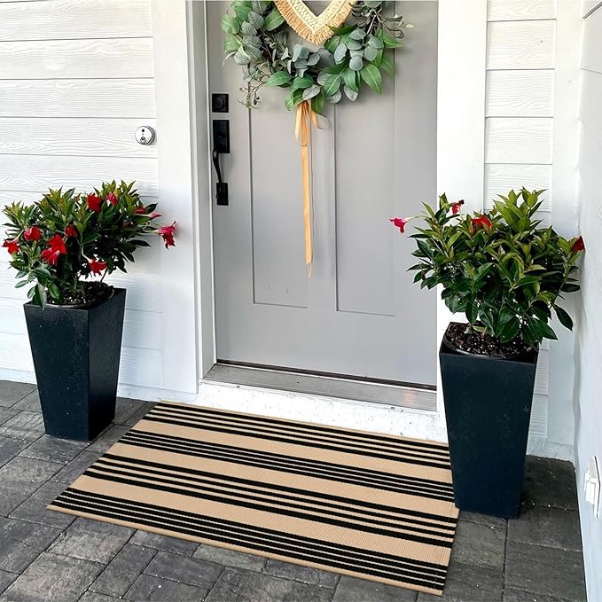 OJIA Front Door Mat Outdoor 24''x35'' Washable Front Door Rug Black and Tan Entry Rug Indoor Outdoor Rugs Doormat Cotton Woven Striped Small Area Rugs for Porch/Bathroom/Farmhouse/Home Entrance