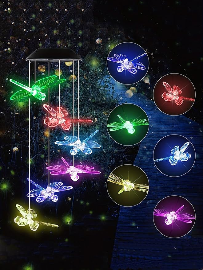 Solar Wind Chimes for Outside,Dragonfly Solar Hanging Lights Outdoor,Dragonfly Gifts for Women,Waterproof Outdoor Solar Powered Lights for Garden Patio Yard Home Decor