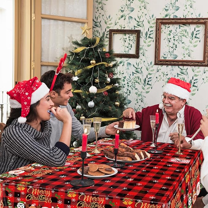 3 Pieces Merry Christmas Tablecloth - 54"x108" Disposable Red and Black Checkered Plastic Table Cover with Santa and Snowflakes for Christmas Dinner Party Supplies, Winter Seasonal Decorations