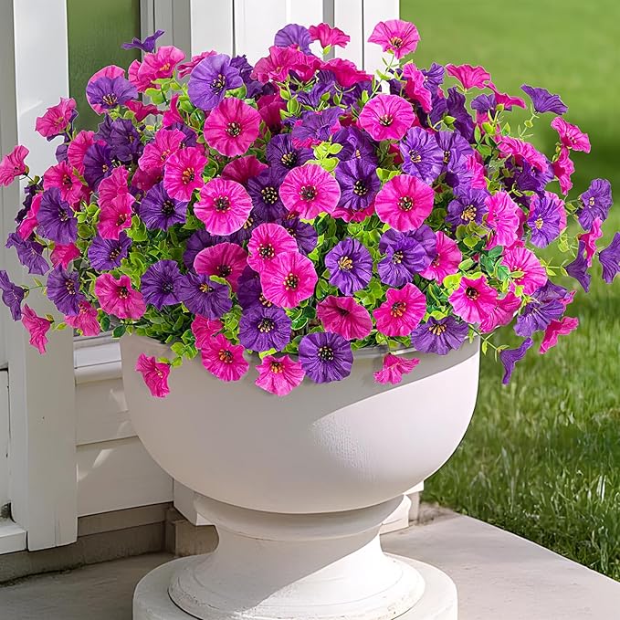 Artificial Flowers for Outdoors Decoration, 12 Bundles Fake Plastic Flower Plant, Faux Colorful Silk Morning Glory Petunias for Spring Summer Outside Garden Porch Front Door Decor, Purple