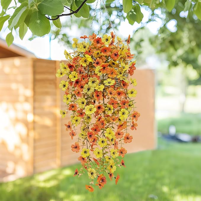 8 Pcs Outdoor Fall Decor, Artificial Mums For Outdoors, Fall Flowers Artificial For Decoration, Fake Mums Faux Mums For Outside Half Sphere, Fake Hanging Plants Plastic Flowers For Outdoors Home Porch
