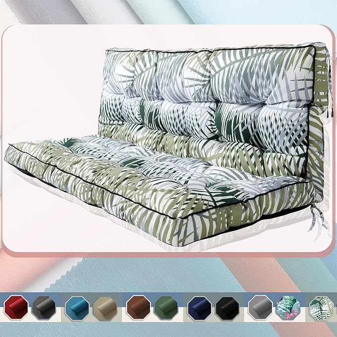 2-3 Seat Swing Replacement Cushion, Outdoor Bench Cushions with Backrest Thicken 4", Patio Furniture Garden Porch Loveseat Glider Pad Anti-Fading Waterproof (Green Leaves, 40x63in-thicken)