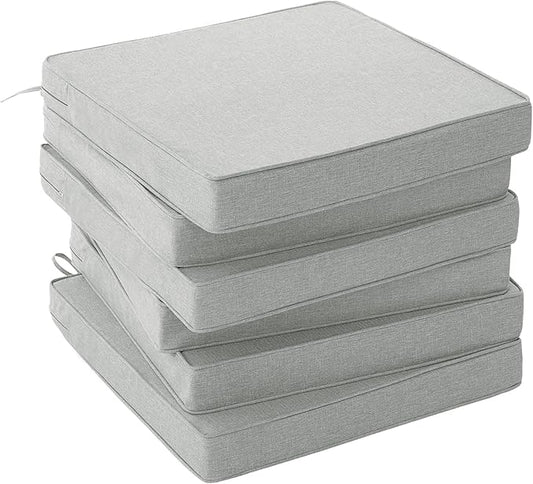 Outdoor Chair Cushions, Water-Resistant & Fade-Resistant, Patio Furniture Square Seat Replacement Chair Pads with Ties, Removable Cover, Non-Slip Bottom, Set of 6, 19 x 19 Inch, Light Grey