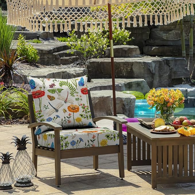 All Smiles Outdoor Chair Cushions for Patio Furniture Set of 24X24 Inch Deep Seat Waterproof Resistant with Removable Cover Garden Flowers Farmhouse Decorative Cushions for Seat Yard Garden Deck