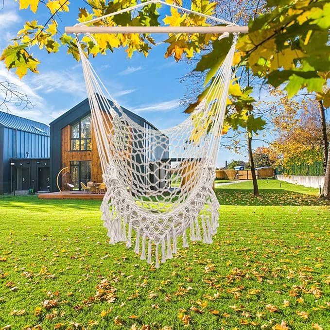 Hammock Chair Hanging Rope Swing, Hammock Net Air/Sky Chair Deluxe Cotton Rope Sling w/Tassel for Beach, Yard, Patio, Porch, Garden, Outdoor Space (Beige)