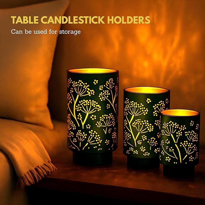 JHY DESIGN Set of 3 Metal Candle Holders 7.5“H Green Hurricane Pillar Candleholder Vintage Table Candlestick Holders Great Centerpieces for Home Decor Wedding Parties Events