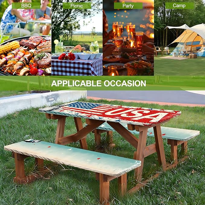 Patriotic USA Picnic Table Cover with Bench Covers Set of 3 - American Flag and Butterfly Pattern, Elastic Fitted Tablecloth for 6 Ft Tables, Washable Polyester Cover for Patio, Indoor & Outdoor