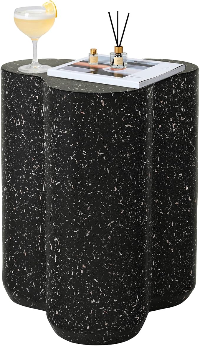 18" Modern Outdoor Side Table, Durable Lightweight MGO Faux Terrazzo Patio Accent Table, Black Coffee Table, 3-in-1 Weatherproof End Table Garden Stool for Garden, Balcony, Poolside Decor