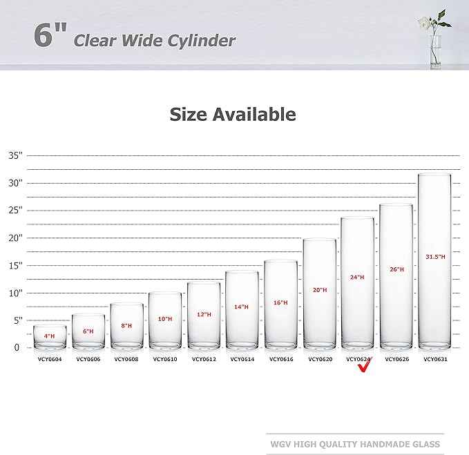 WGV Cylinder Vase, Width 6", Height 24", Clear Tall Glass Container Terrarium Candle Holder for Wedding Centerpiece, Party Event, Home Office Decor, 1 Piece