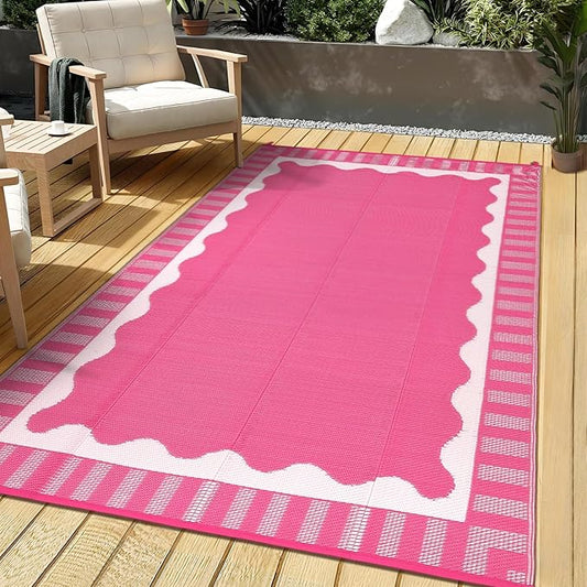 Waterproof Plastic Straw Outdoor Rug 9x18 Patio Reversible UV Resistant Foldable Camping Carpet Scalloped Border Large Outdoor Rugs for Deck, Picnic, Porch, Camper, Balcony, Beach，Rose Pink