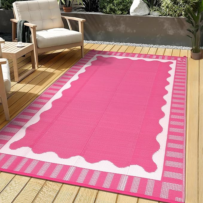 9x12 Outdoor Rug Waterproof Foldable Plastic Straw Carpet for Patio Porch Scalloped Border Reversible Mat Lightweight Floor Mat for Picnic, Backyard, Rv, Beach, Camper, Balcony，Rose Pink