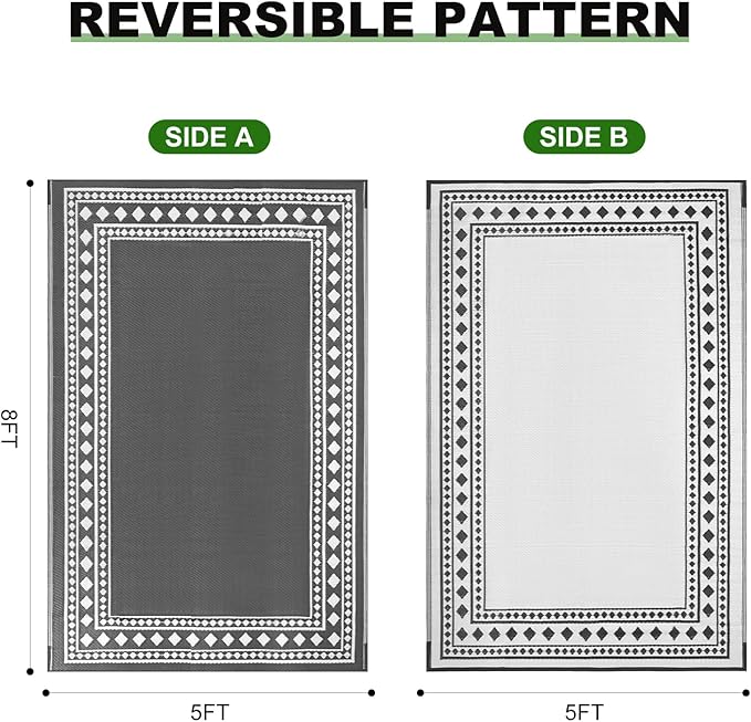 RURALITY Outdoor Rugs 5x8 Waterproof for Patios Clearance,Plastic Straw Mats for Backyard,Porch,Deck,Balcony,Grey and White