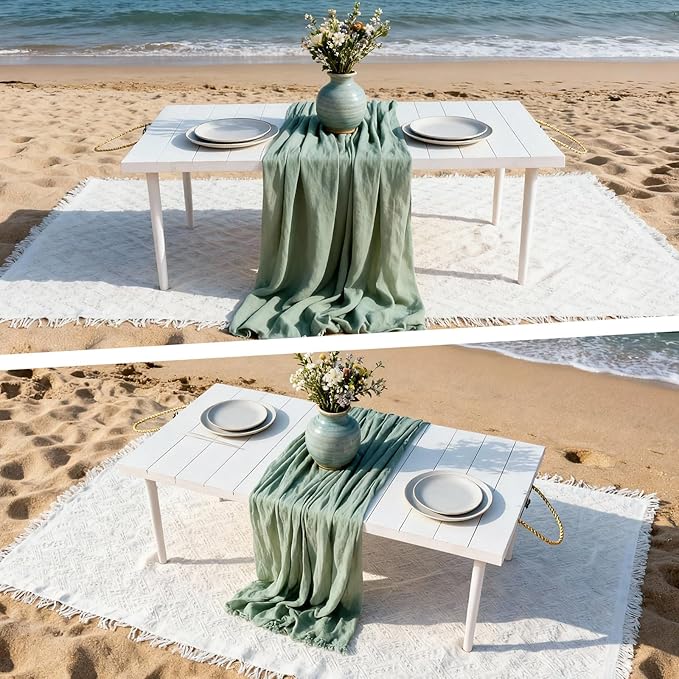 1 Set Low Picnic Table, Foldable Boho Picnic Table with Extra Large Outdoor Camping Blanket Portable Boho Wood BBQ Tables for Camping Wedding Beach BBQ Party (for 8 Person,White)