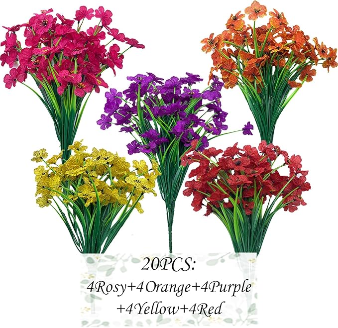 20 Bundles Artificial Flowers for Outdoors,No Fade Fake Silk Flowers with Plastic Plants ,Faux realistic flowers uv resistantfor For Patio Window box Porch Garden Wedding Farmhouse Decor(Mixed Color)