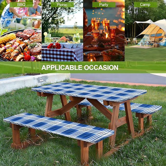 Picnic Table Cover with Bench Covers Set of 3 - Traditional Checkered Dark Blue Plaid Tablecloth, Elastic Fitted for 6 Ft Tables, Washable Polyester Cover for Camping, Indoor & Outdoor