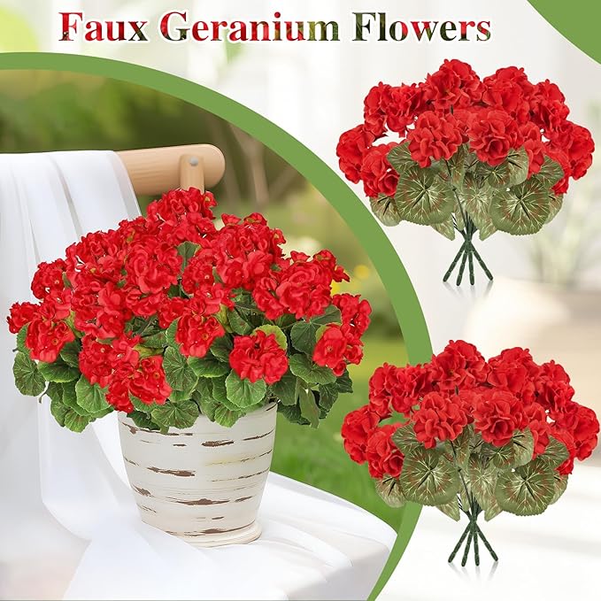 famibay Artificial Flowers for Outdoor Indoor Garden Home Decoration, 8 Bundles Silk Geraniums UV Resistant Look Real Faux Plants for Front Door Porch Planter Urn Patio Garden, Red