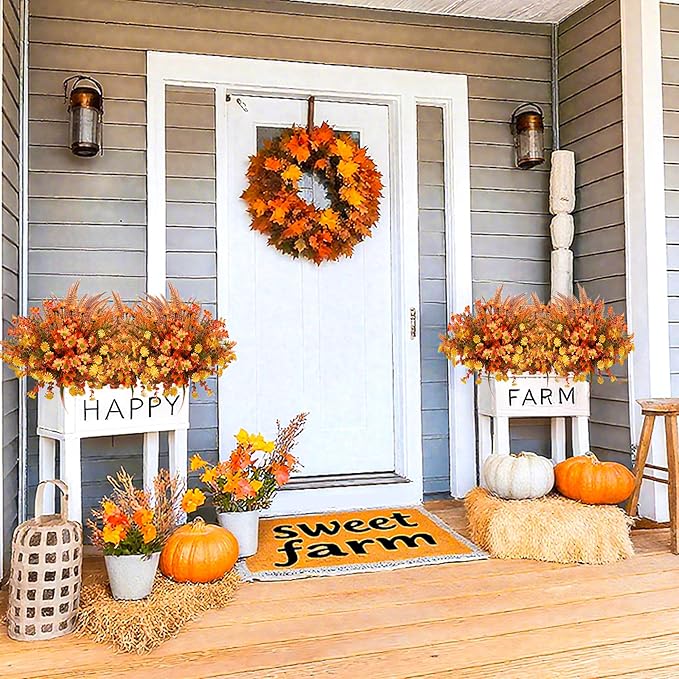Fall Flowers Artificial for Thanksgiving Decoration, Artificial Mums for Outdoors, 10 Bundles Fake Fall Plants, Faux Mums for Outdoor Planters, Indoor Home Porch Decor (Early Harvest)