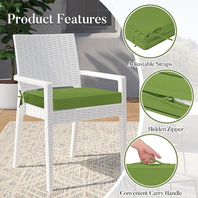 Basic Beyond Outdoor Chair Cushions for Patio Furniture, Waterproof Outdoor Seat Cushions Set of 4 19 x 19, Patio Chair Cushions Set of 4 with Ties and Handle, Grass Green