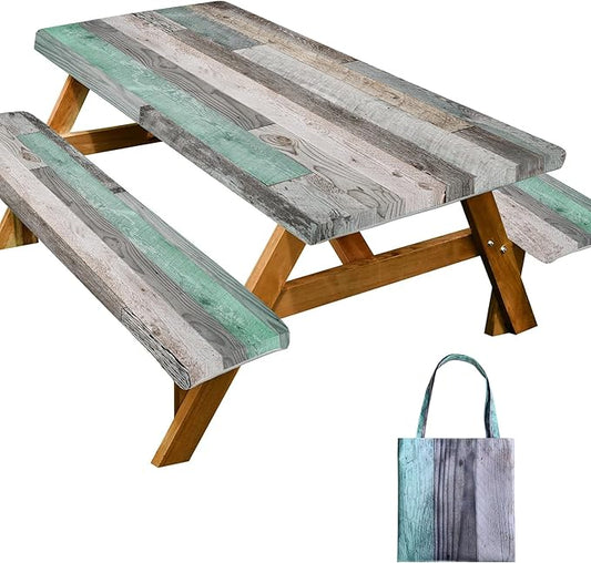 Picnic Table Cover with Bench Covers Farmhouse Waterproof Windproof Fitted Outdoor Tablecloth with Elastic Rectangle Table Cloth Camping Must Haves Rv Accessories,72x30 Inch (Wood Green)