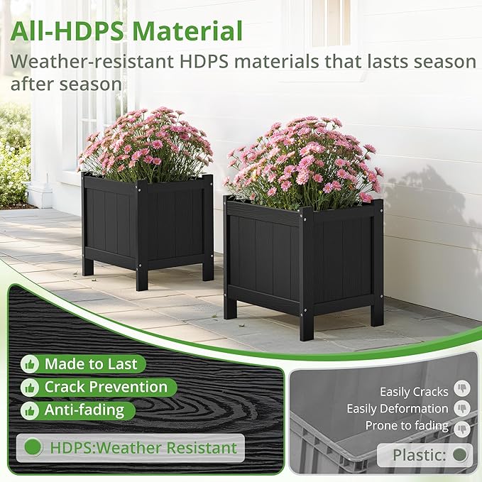 LUE BONA Outdoor Plant Pots Set of 2, 13.7" x 12.5" x 14.5" Flower Pots with Drainage Holes, Outdoor Planter Box for Outdoor Plants - Porch Patio, Garden or Entryway, Black