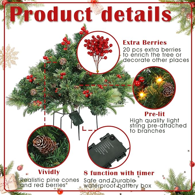 Tigeen 2 Pcs 22 Inch Timer Prelit Christmas Urn Filler, Outdoor Planter Pots Filler Prelit Xmas Pine Trees with Cones and Red Berries 50 Warm White LED with 8 Light Modes for Yard Porch Decor(Classic)