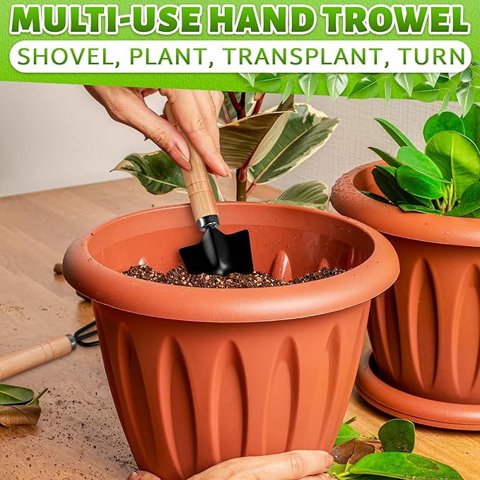3 Pcs Small Garden Tools for Gardening – Planting Tools Set with Mini Shovel, Ergonomic Hand Rake, Rustproof Metal Build & Solid Wood Handle – Shovels for Digging, Balcony Pots & Indoor Plant Care