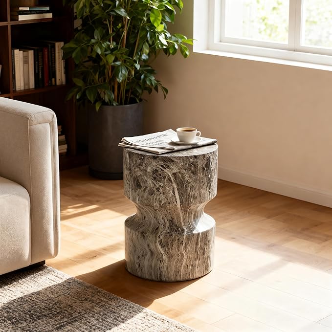 13.39" Cement End Tables for Patio,Modern Small Round Side Faux Terrazzo Accent Table,Tree Stump Garden Stool Drum Indoor and Outdoor,Brown