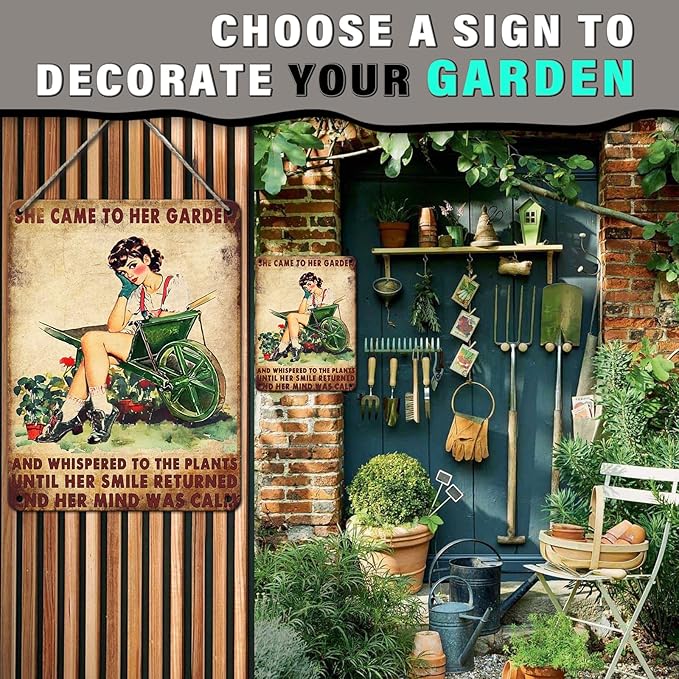 PEACHGARDEN Garden Metal Tin Sign She Came to Her Garden and Whispered To The Plants Vintage Tin Sign for Patio Porch Home Women Cave and Yard Wall Decor 12x16inch