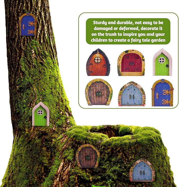 6 PCS Mini Fairy Garden Door for Tree, Miniature Fairy Door for Fairytale Tiny House Doors, Bonsai Terrarium Micro Landscape Decoration Accessories