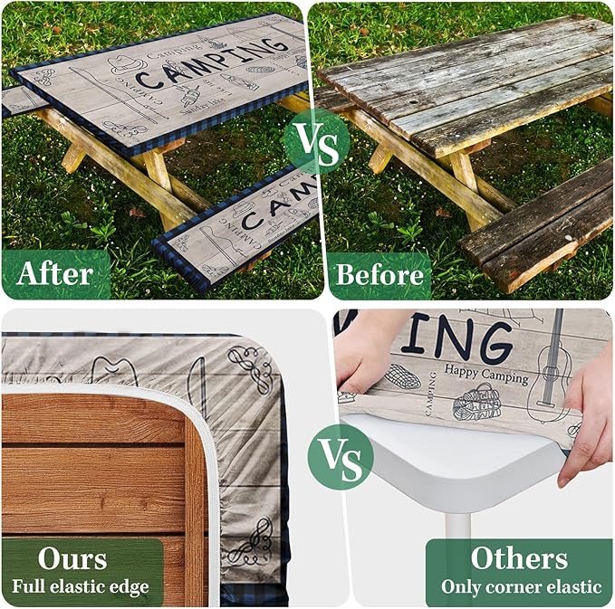Picnic Table Cover with Bench Covers Elastic Edges, Beige Camper Fitted Table Cover, Outdoor Patio Camping Essentials 72 Inch 3PCS, Waterproof Camping Fitted Tablecloth with Drawstring Bag