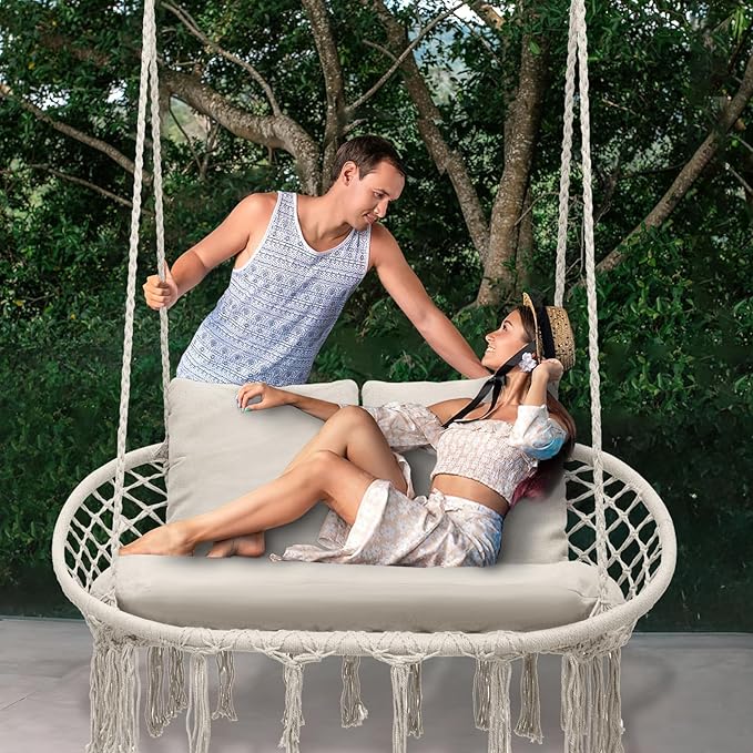 Athena Collection Hammock Swing Chair with 2 Seat, Max 700 Lbs, Outdoor Large Cotton Rope Chair Hanging Macrame Chair with 3 Soft Cushion, Swing Chair for Outdoor Indoor Patio Garden, White
