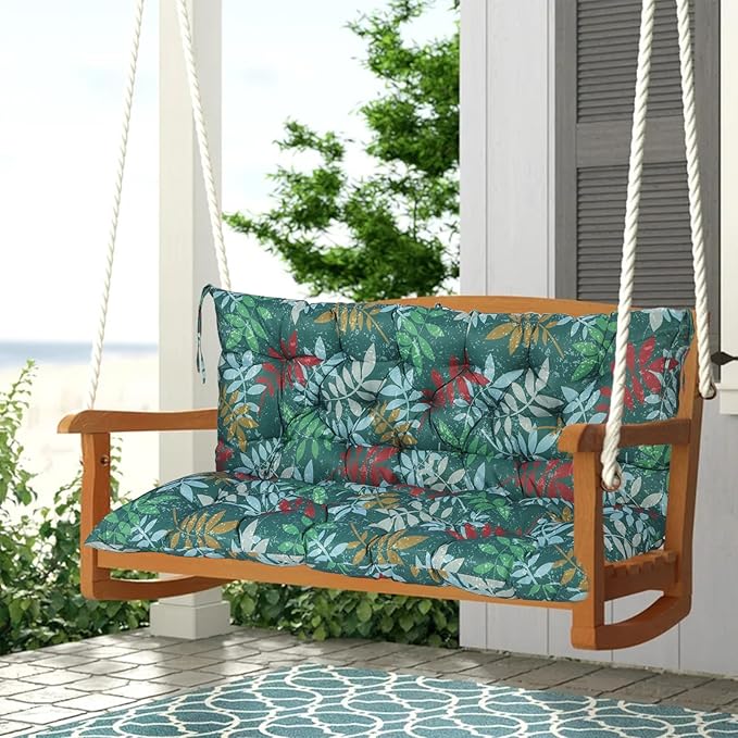 2-3 Seat Swing Replacement Cushion, Outdoor Bench Cushions with Backrest Thicken 4", Patio Furniture Garden Porch Loveseat Glider Pad Anti-Fading Waterproof (Green Flower, 40x47in)