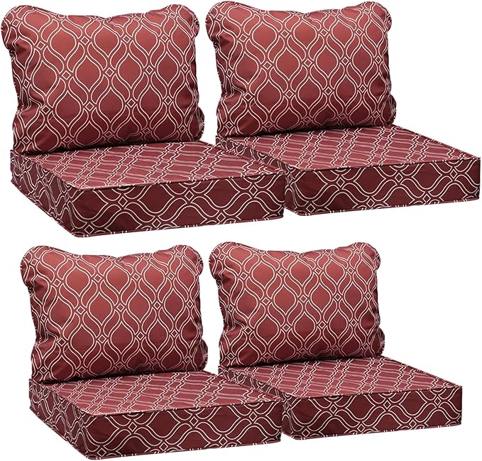 AAAAAcessories Outdoor Seat Cushions for Chairs, Fade-Resistant, Waterproof Patio Furniture Replacement Cushions, 23.5" x 25.5" x 5" + 23.5" x 19", Set of 4, Clay Red Vine Trellis