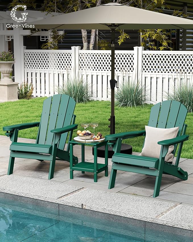 GREENVINES Folding-Adirondack-Chairs-Set-of-2 | HDPE Plastic | Fire Pit Chair | All Weather | Cup Holder | Forest | for Deck Backyard Patio Outdoor Garden