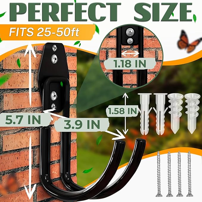 Hose Hook Wall Mount - Rust-Resistant, Scratch-Free, Strong Design, Anti-Slip Coating and Fast Setup - Garden Hose Hanger Wall Mount for Up to 66 lbs for Organizing Tools, Accessories, and Equipment