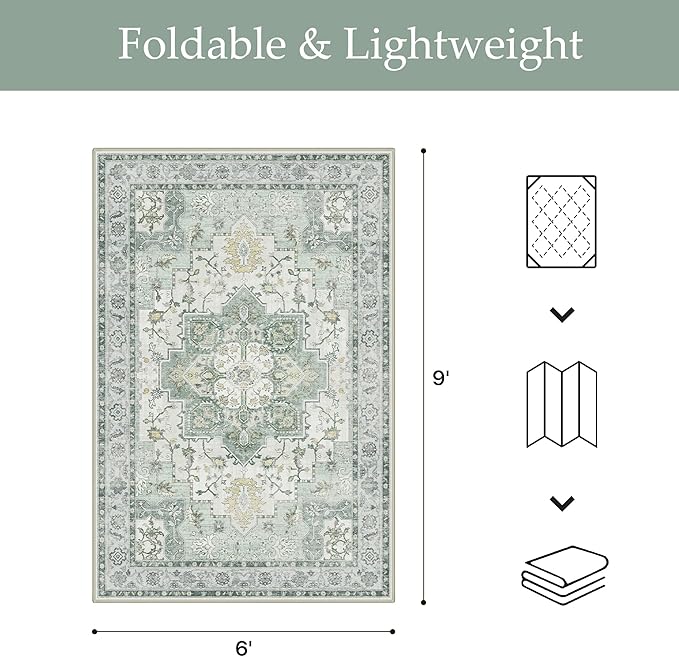 GENIMO Outdoor & Indoor Area Rug 6'x9', Waterproof, Non-Shedding, Easy Cleaning, Boho Mat for Patio, Living Room, Balcony, Dining Room, RV, Deck, Bedroom, Camping, Outside Carpet,Light Green