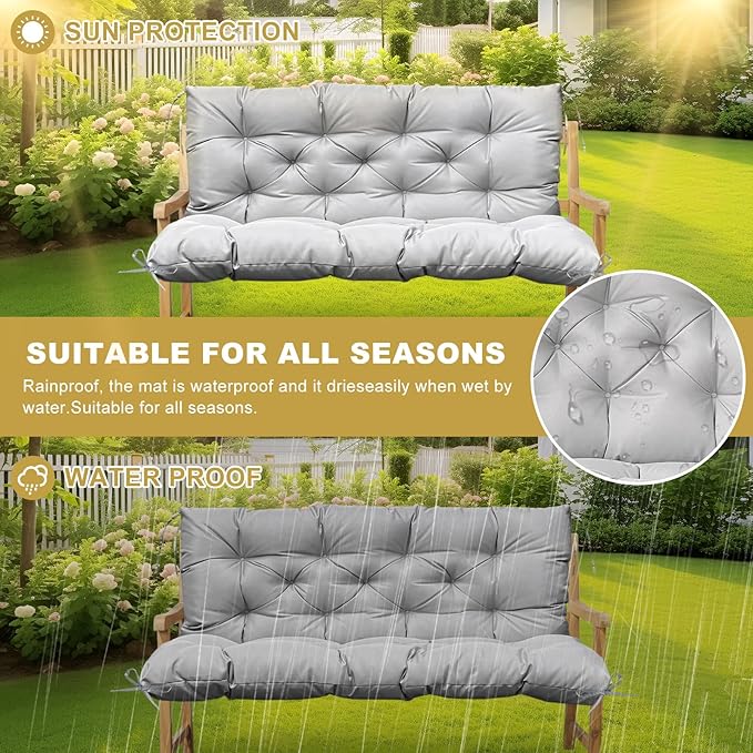 60" Porch Swing Cushion with Backrest, Waterproof Outdoor Bench Swing Cushions 3 Seater Replacement Thickened Swing Cushions with Ties for Patio Garden Backyard,Light Gray,60x40in