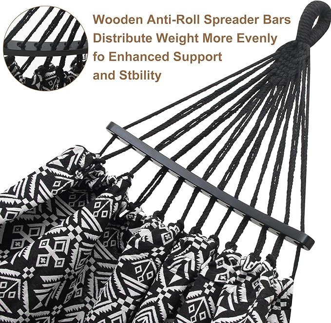 2 Person Hammock with Pillow,Indoor Hammocks with Portable Carry Bag Deluxe Macrame Fringe,Curved Spreader Bar,Side Pocket,Polycotton Fabric,Up to 450Lbs for Patio,Porch,Backyard,Beach,Outdoor
